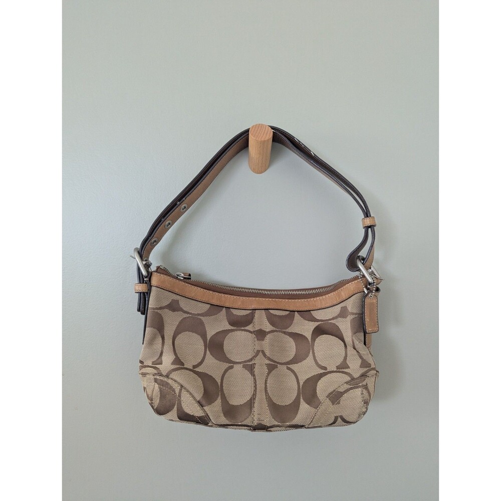 Coach Small Shoulder Bag Big C Jacquard Leather Tan Vintage Y2K Hobo 12 x 7 x 3